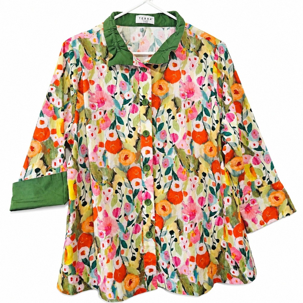 Terra SJ Apparel Top Women L Multicolor Floral Wired Collar Lagenlook Artsy Boho